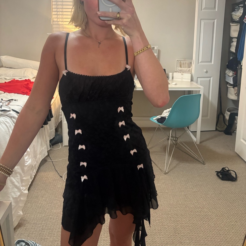 Urban Outfitters Elegant Black Dress with bow Pink Accents and lace detailing
